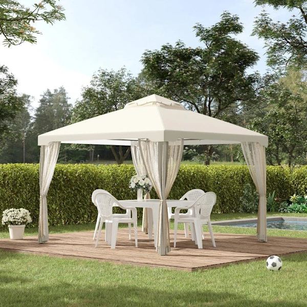 Rootz Gazebo - Trädgårdspaviljong - Paviljongtält - Festtält - Med 4 X sidovägg - Väderbeständig - Metall/Polyester - Krämvit - 2,94 x 2,94 x 2,65 m