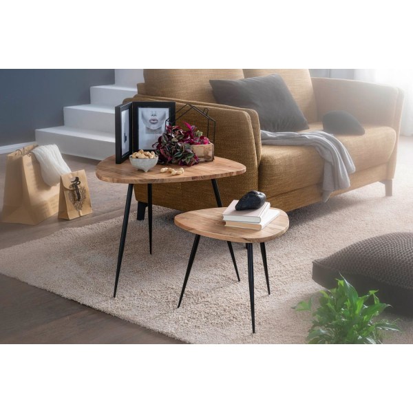 Rootz set med 2 häckbord akacia massivt trä - metall soffbord litet - Design sidobord set med två träbord Vardagsrumsbord bord metallram