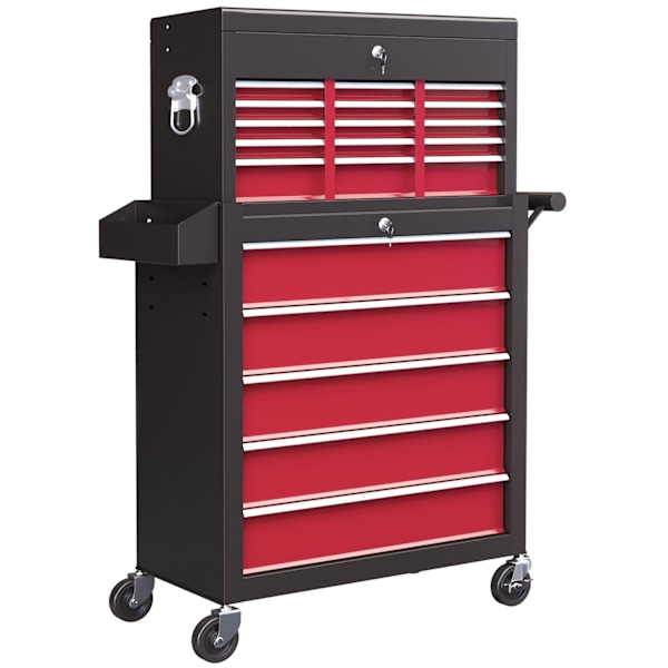 Rootz Tool -vaunu - Työpajavaunu - Mobiilityökalun rintakehä - Lukittavat laatikot - Punainen teräs - 14 laatikkoa - 60x26x34cm & 76x33x75cm