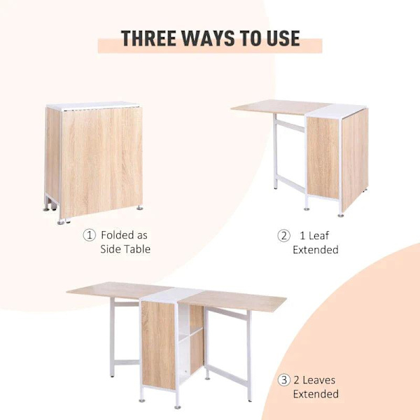 Rootz Folding Table - Dining Table - Side Tables - Storage Space For Living Room - Kitchen - Oak Wood - Metal Frame - Natural/White - 169 x 62 x 75 cm