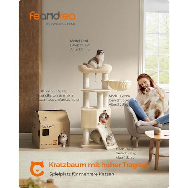 Rootz Cat Tree Tower - Cat Climber - Skrapstolpe - Spånskiva struktur - Plysch finish - Sisal rep - 50cm x 50cm x 141cm