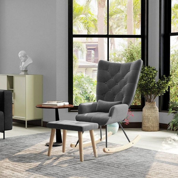 Rootz Lounge Stol och Pall Set - Modern Fåtölj - Klädd vilstol - Sammetsstoppning - Gummiträben - Mörkgrå - 66cm x 96cm x 101cm