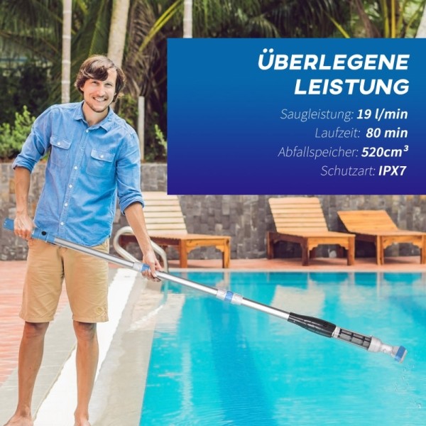 Rootz Pooldammsugare - Sladdlös Pooldammsugare - Lätt pooldammsugare - Trådlös drift - Hög sugkraft - Längdjusterbart handtag - Ø6 x 106-162H cm - ABS