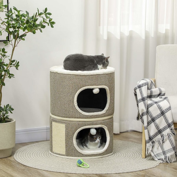 Rootz 3 Tier Cat Barrel With Cushion - Cat House - Cat Tower - Förbättra komforten - Ø51cm x 69 cm, brunvit
