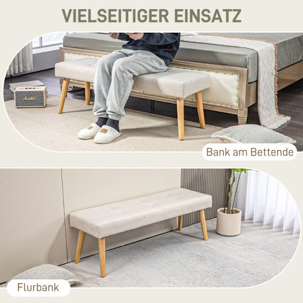 Rootz polstret bænk - Soveværelsesbænk - Vinduessæde - Tyk polstring - Imiteret linned - Ben i naturtræ - 120 cm x 41 cm x 43 cm