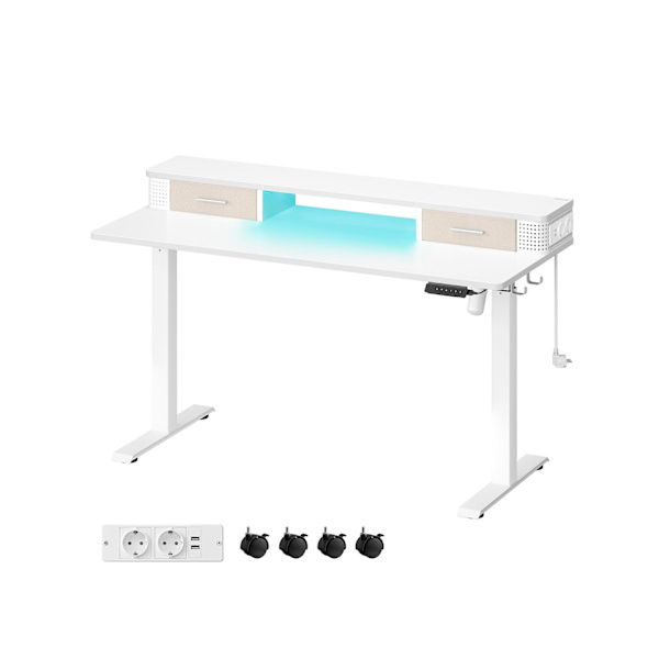 Rootz Cloud White Desk - Työpöytä - Kirjoituspöytä - Lastulevy - Teräsrunko - Oxford-kangas - Säädettävä korkeus - Säilytyskoukut - Helppo koota - 60c