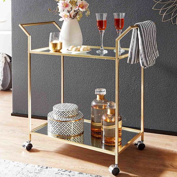 Rootz design serveringsvagn guld 73x78x37 cm köksvagn glas - metall - Mobilt sidobord - Matvagn med glasskiva - Minibar tevagn på 4 hjul
