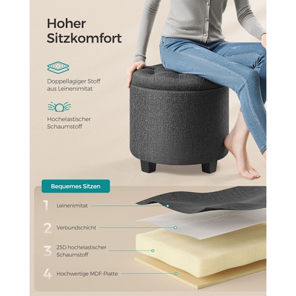 Rootz Opbevaring Ottoman - Fodstøttesæde - Pladsbesparende skammel - MDF-ramme - Linnedbetræk - 45 cm x 45 cm x 44,5 cm