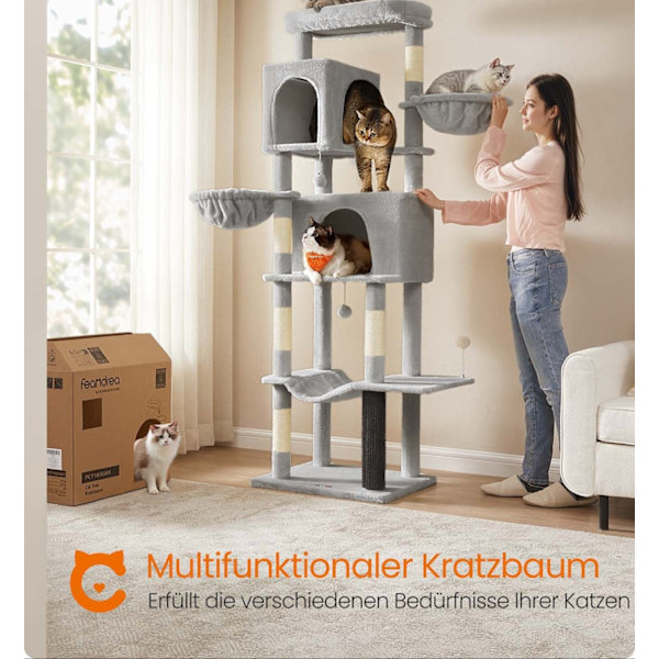 Rootz Scratch Tree - Cat Climbing Tower - Feline Activity Center - 190,7 cm Hög - 2 grottor - 59 cm x 48 cm x 190,7 cm - Grå