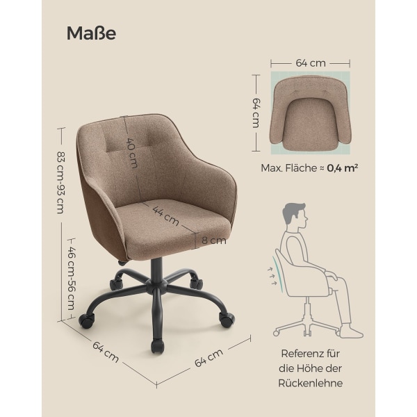 Rootz Drejestol - Lounge Chair - Hvilestol - Stålramme - Skumpolstring - Bomuldslinnedblanding - PU-hjul - 69cm x 65cm x (83-93)cm - Brun