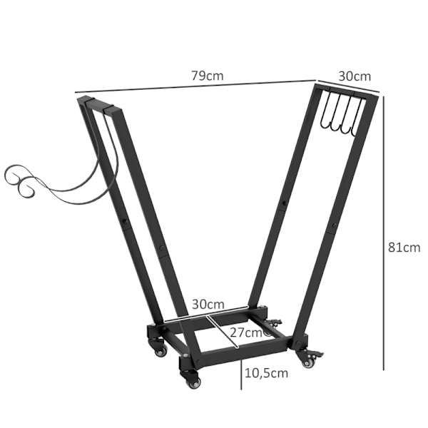 Rootz Trapezformet brændeopbevaringsstativ - Metalbrændeholder - Pulverlakeret - Dekorativt design - Hævet træhylde - Mobile hjul - 79cm x 30cm x 81cm