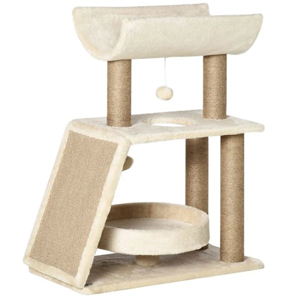 Rootz Cat kradsestolpe - Inklusiv legetøj - Katteseng - Spånplade - Plys - Sisal - Lysebrun - 60 Cm X 30 Cm X 76 Cm
