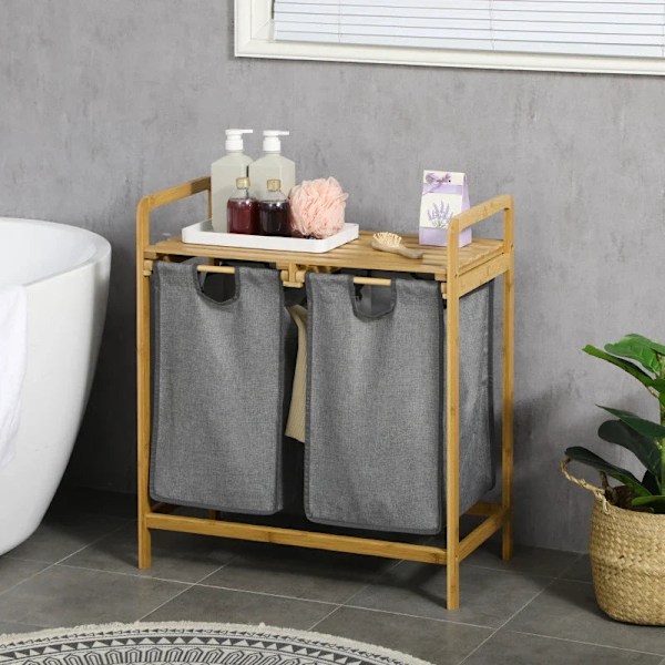 Rootz Bamboo Tvättkorg - Tvättkorg med hylla - Utdragspåsar för sovrum - Badrum - Tvättstuga - Grå - 64 x 33 x 73 cm