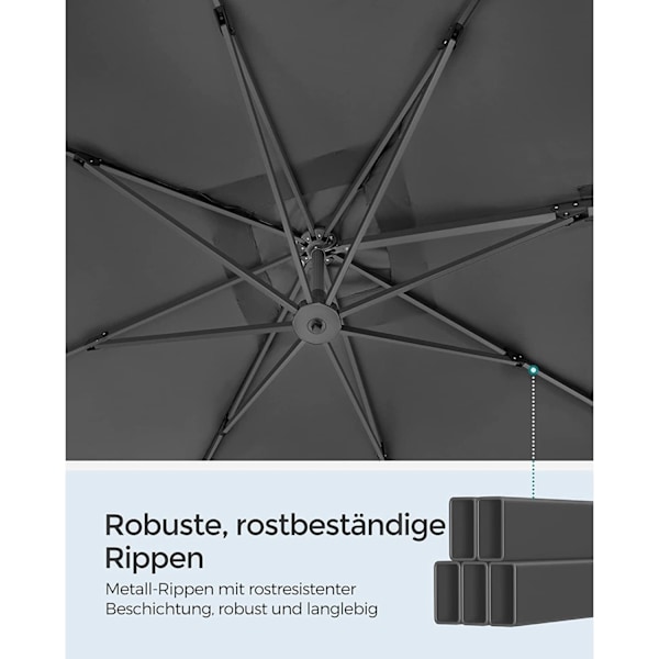 Rootz Parasol Cantilever paraply - Grå solskydd - Utomhustak - 360° rotation - 4 vinklar justering - UPF 50+ - Vattenavvisande - 200g/m² polyester - 3