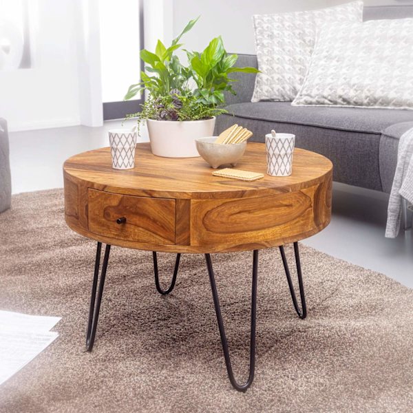Rootz bord Sheesham massivt trä - metall 60x44,5x60 cm bord vardagsrum - Design sidobord med lådor Litet soffbord runt brunt