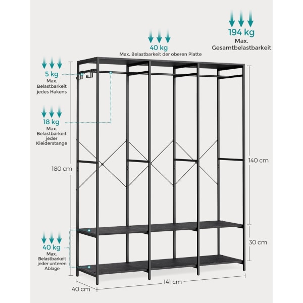 Rootz Tøjstativ - Organizer - Garderobestativ - Stålspånplade - Heavy Duty - 40 cm x 141 cm x 180 cm