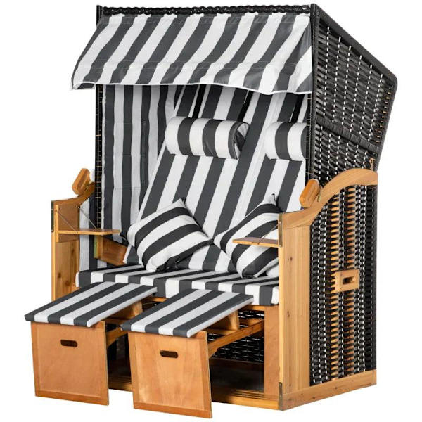 Rootz Beach Chair - Dobbelt liggestol med tag - Dobbelt liggestol med kopholdere - Chaiselong - 5-niveaus ryglæn - PE Rattan - Grå + Hvid - 118 x 79 x