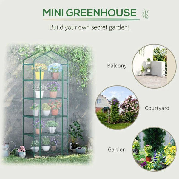 Rootz Folieväxthus - Miniväxthus med 5 hyllor för att odla blommor eller grönsaker - Stål - Plast - Transparent + Grön - 69 x 49 x 193 cm