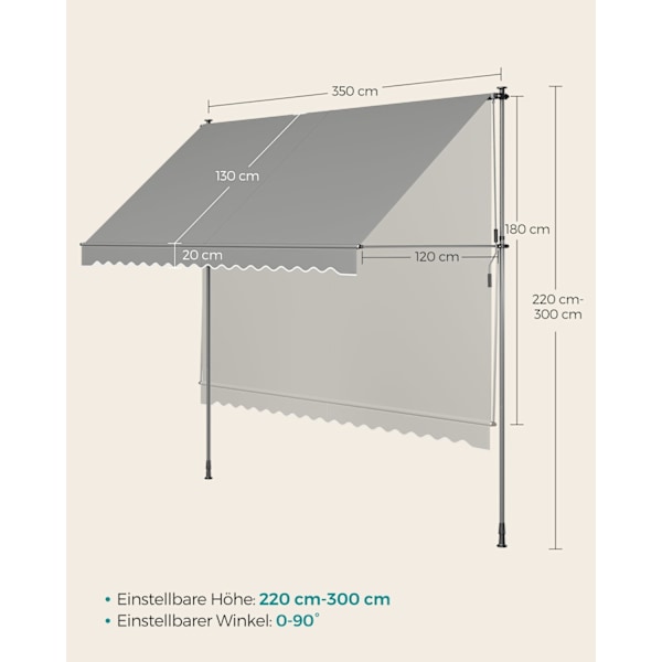 Rootz Clamp-markis med handvev - Solskyddstak - Infällbar utomhusmarkis - Aluminiumlegering - 350 cm x 120 cm - Grå