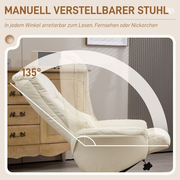 Rootz afslapningsstol med skammel - TV-lænestol - Hvilestol - Vippefunktion - Kunstlæder - Ramme af naturligt træ - Cremehvid - 71 cm x 84 cm x 102 cm