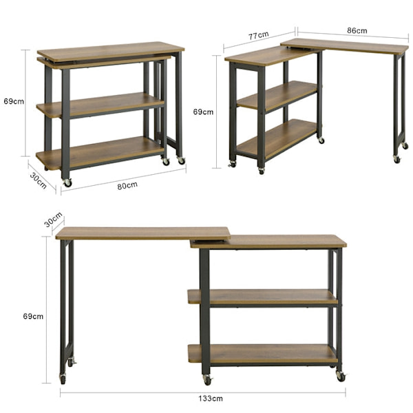 Rootz L-format sidobord - Soffbord - Hörnskrivbord - Industriell design - Flexibel och mobil med låsbara hjul - Metallram av hög kvalitet - 133cm x 69