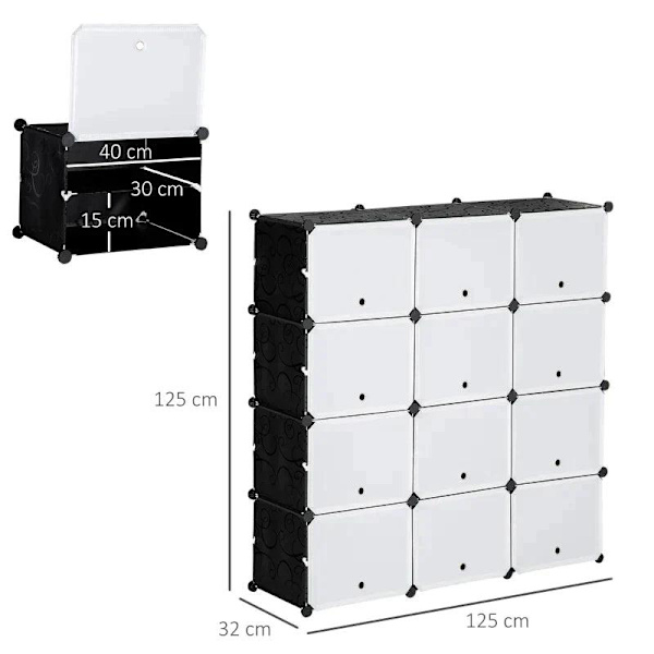 Rootz skoskab - træhammer - sort klemme - plast + stål - sort + hvid - 125 x 32 x 125 cm
