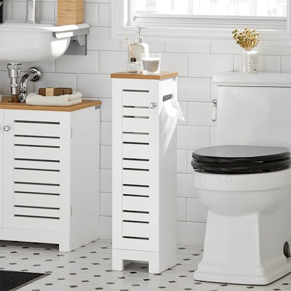 Rootz smalt toiletpapirskab - Badeværelsesopbevaring - Pladsbesparende - MDF-konstruktion - Skimmelmodstandsdygtig - Luftgennemtrængelige lameller - 2