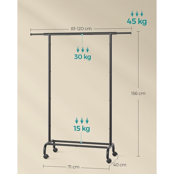 Rootzin säädettävä rullaava vaateteline - kannettava vaateteline - naulakko - terästä ja muovia - 40 cm x (83-120) cm x 156 cm