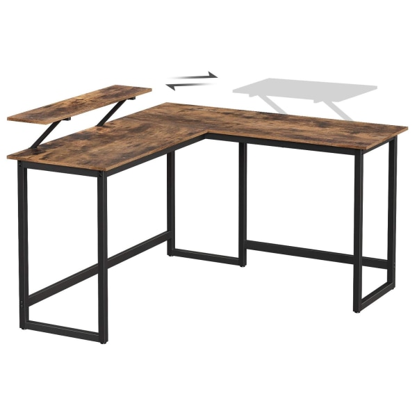 Rootz L-format skrivbord med skärmstativ för att studera, spela, arbeta - Justerbara ben - Metallram - Rustik brun - (140 x 130 x 76/91,5 cm)