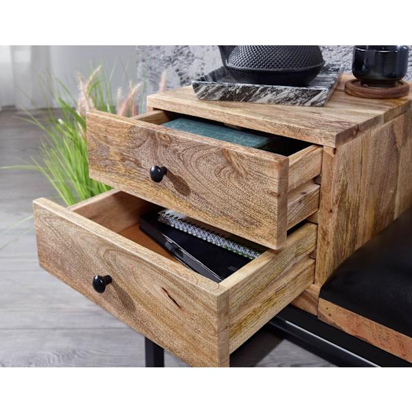 Rootz bänk getskinn - massivträ bänk 100x60x35 cm i retrostil - Hall klädd bänk metall med förvaringsutrymme - Vadderat läder bänk förvaring svart - L