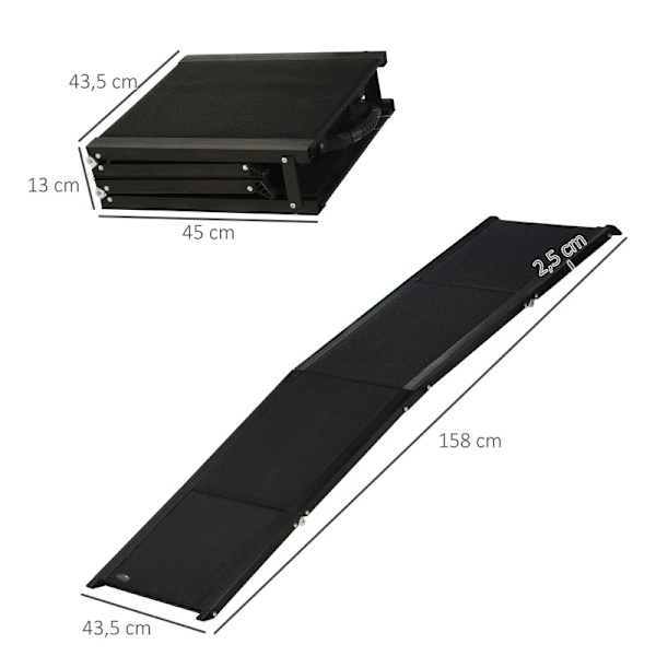 Rootz Pet Ramp - Sammenfoldelig - Skridsikker - Hunde op til 40 kg - Sort - 158 cm x 43,5 cm x 2,5 cm