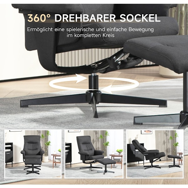 Rootz Reclining Chair with Pall Set - Swivel Seat - Rocker Function - Velvet Look, 135 ° Justera - 74W x 81d x 102h cm, svart