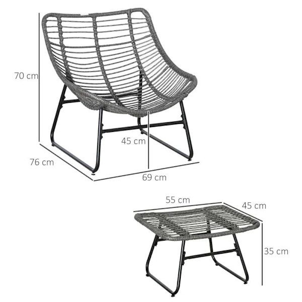 Rootz Rattan Relax Stol med fotpall - Trädgårdsstol - Utomhusstol med rotting med dyna - Stål - Polyester - Grå - 69 x 76 x 70 cm