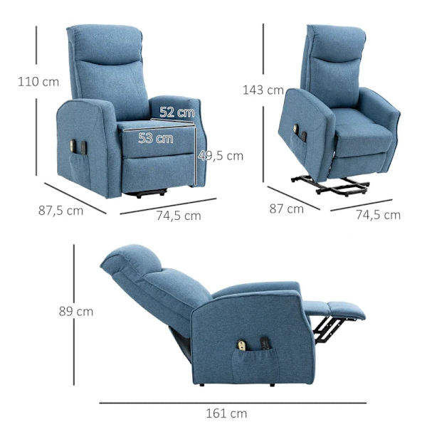 Rootz Massagestol - Ståhjälp - Avslappningsstol - Inklusive fjärrkontroll - 1 sidficka - Fotstöd - Polyester - Blå - 53L x 52W x 49,5H cm