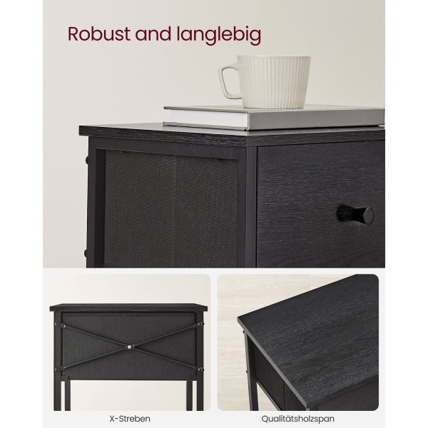 Rootz Sengebord - Natbord - Endebord - Spånplade stål ikke-vævet stof - 28cm x 38cm x 61cm - Sort - Letvægts - Robust konstruktion - Nem montering