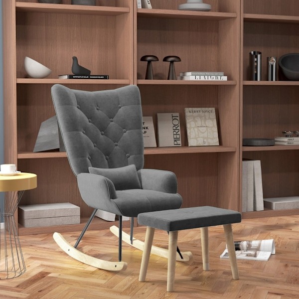 Rootz Lounge Stol och Pall Set - Modern Fåtölj - Klädd vilstol - Sammetsstoppning - Gummiträben - Mörkgrå - 66cm x 96cm x 101cm