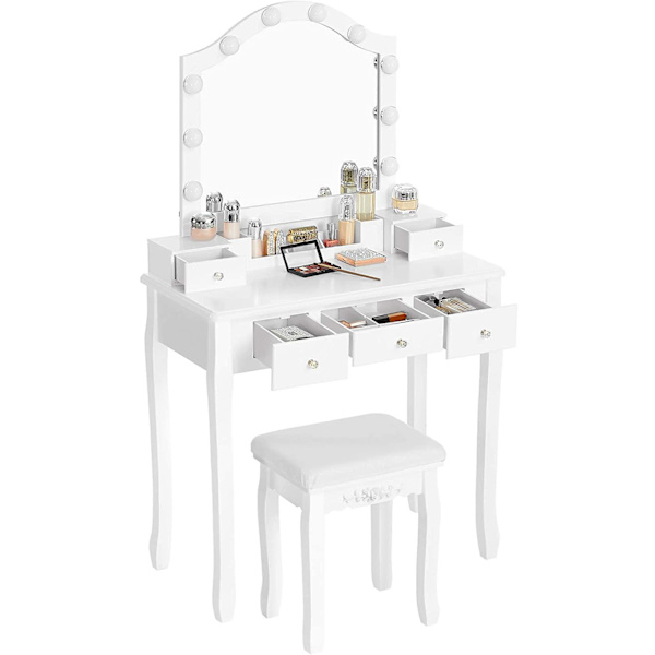 Rootz Toiletbordssæt - Make-upbord - Taburet - Spejl - Belysning - Opbevaringsboks - 6 rum - 5 skuffer - Hvid - Forarbejdet træ - 80 x 40 x 139 cm