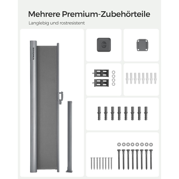 Rootz Udtrækkelig Sidemarkise - Solsejl - Privatskærm - Aluminiumslegering - 180cm x 400cm - Grå - UV-bestandig - 11,3 kg