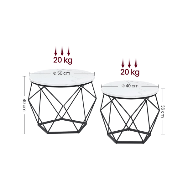 Rootz 2-delt sæt sideborde - Hvid-sorte spånplade stålborde - Store små borde - Letvægts holdbart design - Nem montering - 50 cm x 40 cm x 40 cm - 40