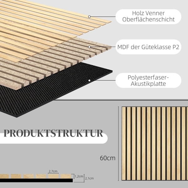 Rootz akustikpaneler - Ljudisolerande paneler - Naturligt trädesign - DIY lamellvägg - Bullerreducering - MDF & PET - 60 cm x 60 cm x 2,1 cm