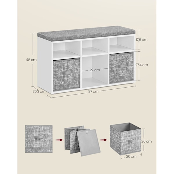 Rootz skobænk med 6 rum - Skostativ - Skoopbevaring - Spånplademateriale - 30,3 cm x 87 cm x 48 cm