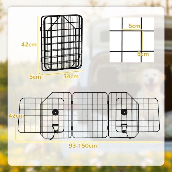 Rootz Car Dog Gate - Justerbar Pet Safety Divider - Foldbar rejsebarriere - Stålkonstruktion - 93-150 cm x 42 cm - Sort