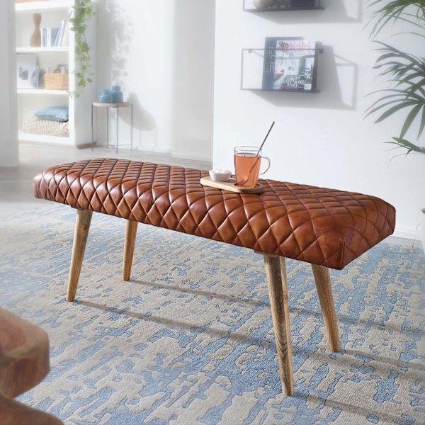 Rootz bänk äkta läder - massivt trä bänk 115x53x38 cm - 2 sits klädd bänk hall matsal brun - Liten läder sängbänk Hall möbel hall bänk