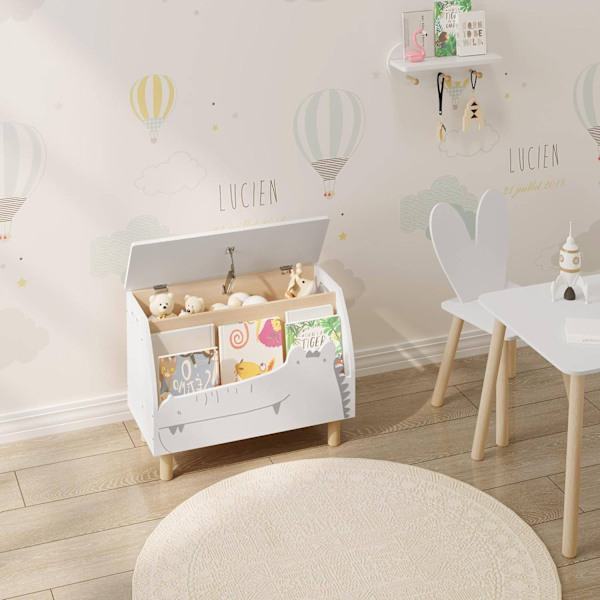 Rootz White Crocodile Toy Box - Förvaringsbänk - Organisering för barn - Säker med långsamt stängande lock - Slitstark MDF-konstruktion - Mångsidig me
