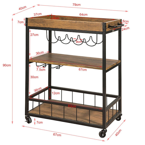 Rootz Mobile Bar Cart - Rolling Beverage Cart - Serveringsvogn - Easy Transport - 79x90x40cm - MDF & Metal med træfilm