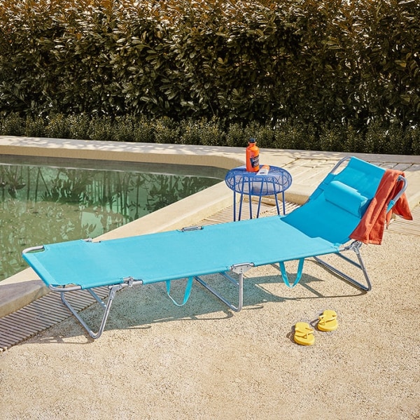 Rootz Justerbar Strandseng - Haveseng - Sammenklappelig liggestol - Åndbar Syntetisk Fiber - Aftagelig pude - Sidelomme - 195cm x 58cm x 63cm - Blå