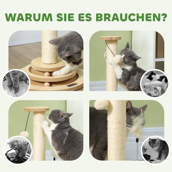 Rootz Cat Scratching Post - Sisal Scratch Tower - Play Ball Track - Underholdende 4 -i -1 design - 32 cm x 32 cm x 49 cm