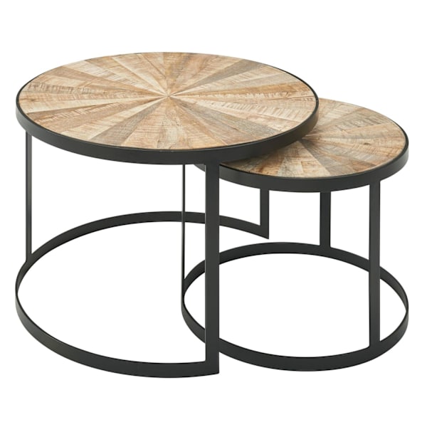 Rootz design -sohvapöytäsetti 2 kpl Mango massiivipuuta pesäpöytiä pyöreä - Sohvapöytä metallijaloilla ruskea - Levymatto 2-osainen pesäpöytä puu - me