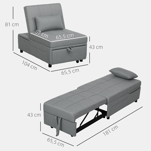 Rootz 3 -i -1 foldestol - gæsteseng - hvilestol - justerbar ryglæn - skumpolstring - 65,5L x 104W x 81H cm