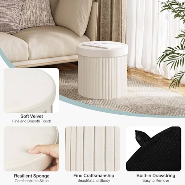 Rootz Opbevaringsskammel - Osmannisk - Fodskammel - Blød og Robust - 38 cm x 36 cm - Cremefarvet/Lysegrå - 30 L Kapacitet - E1 MDF-ramme - Fløjlsbetræ